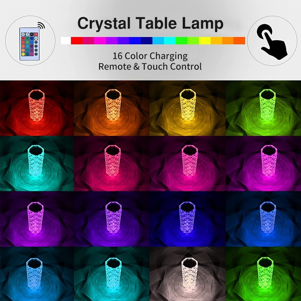 Luxurious 16 Colors LED Crystal Lamp Rose Light with Touch and Remote-Control Table Lamps