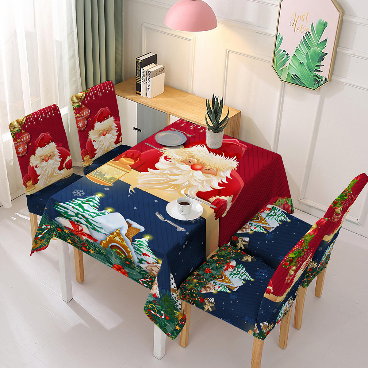 FAMILYHOMEDECOR™ Christmas Waterproof Polyester Tablecloth Santa2