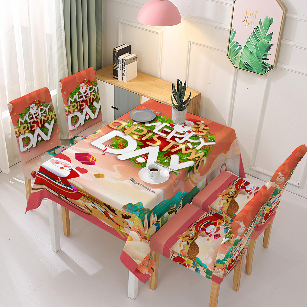 FAMILYHOMEDECOR™ Christmas Waterproof Polyester Tablecloth Santa White