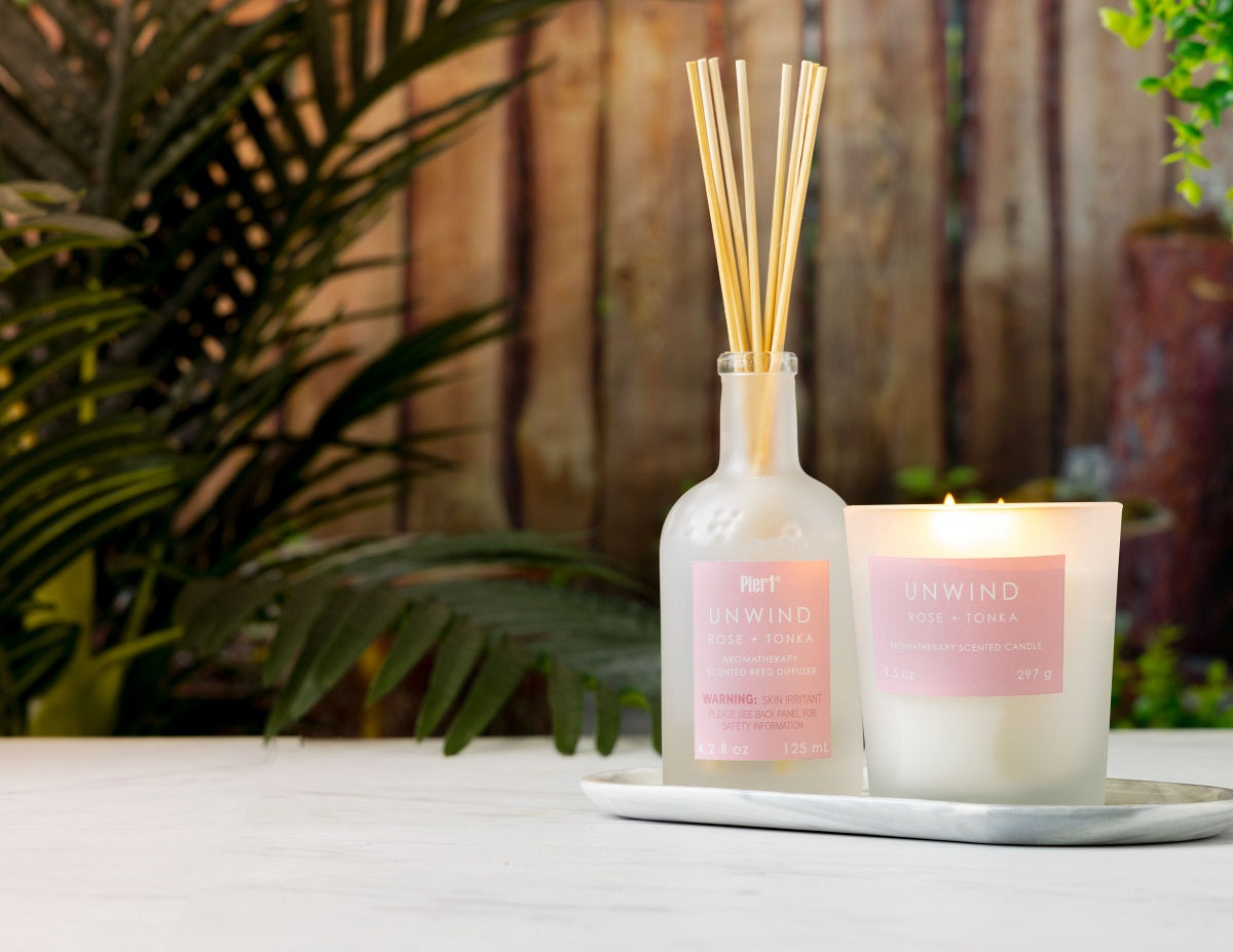 Pier 1 Unwind Rose & Tonka Aromatherapy 9.5 oz Candle